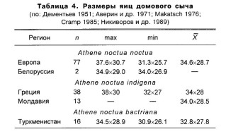Таблица 4. Размеры яиц домового сыча (по: Дементьев 1951; Аверин идр. 1971; Makatsch 1976; Cramp 1985; Никиворов и др. 1989)