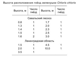 Высота расположения гнёзд зеленушки Chloris chloris