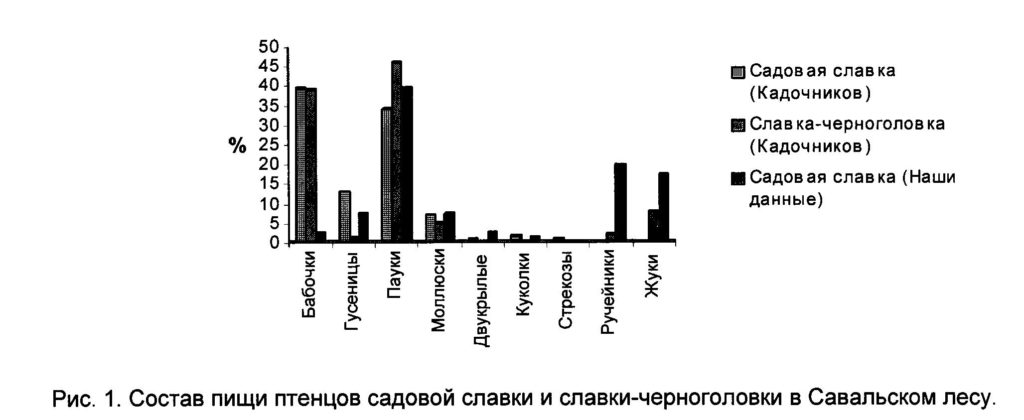 Рис. 1. Состав пищи птенцов садовой славки и славки-черноголовки в Савальском лесу