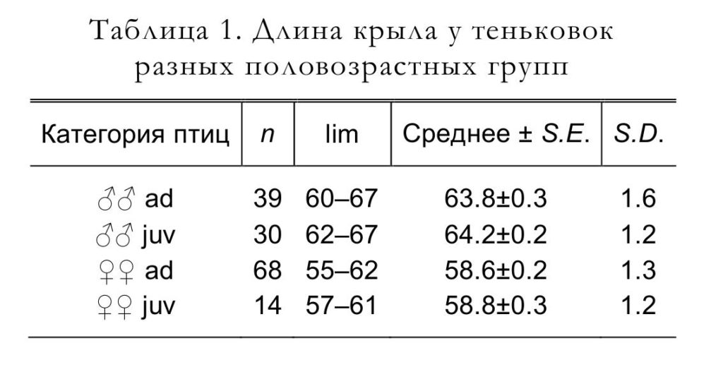 Таблица 1. Длина крыла у теньковок разных половозрастных групп