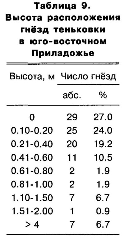 Таблица  9. Высота  расположения  гнёзд  теньковки  в  юго-восточном  Приладожье