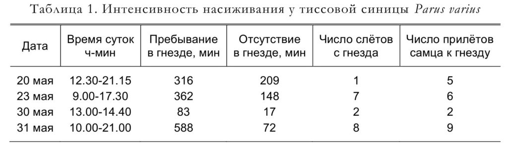 Таблица 1. Интенсивность насиживания у тиссовой синицы Parus varius