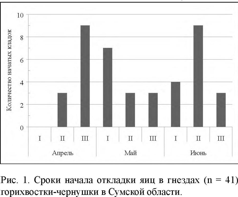 Рис.  1.  Сроки  начала  откладки  яиц  в  гнездах  (n =  41)  горихвостки-чернушки в Сумской области