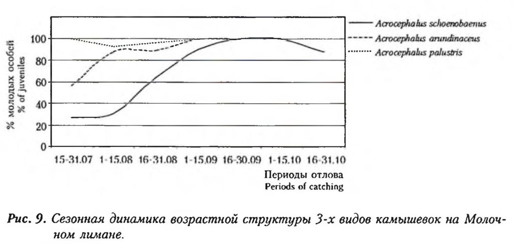 Puc. 9. Сезонная динамика возрастной структуры 3-х видов камышевок на Молоч ном лимане.