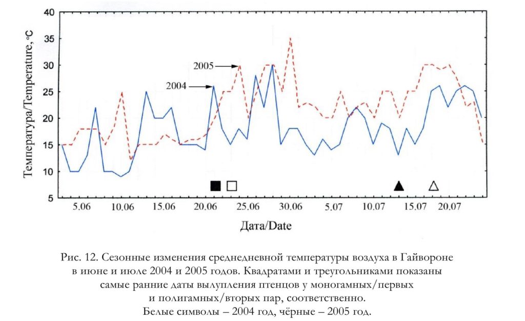 Рис. 12. Сезонные изменения среднедневной температуры воздуха в Гайвороне в июне и июле 2004 и 2005 годов.