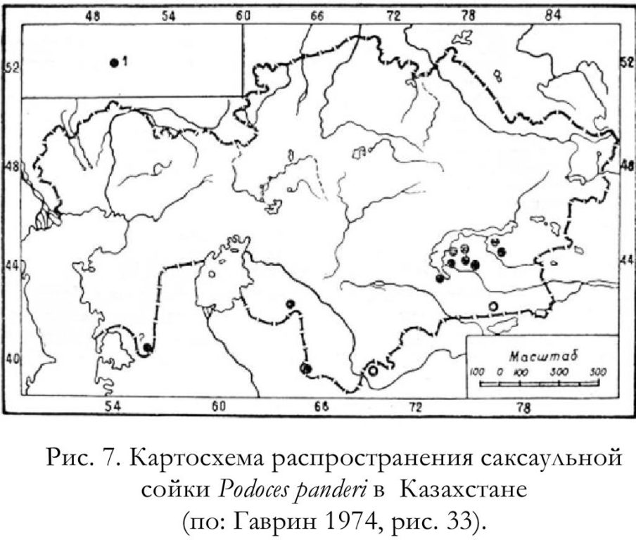 Рис. 7. Картосхема распространения саксаульной   сойки Podoces panderi в  Казахстане   (по: Гаврин 1974, рис. 33).