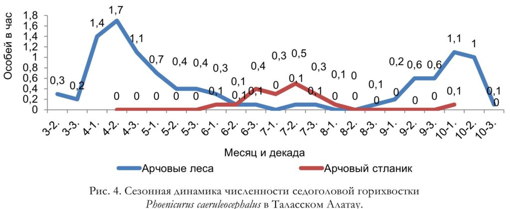 Рис. 4. Сезонная динамика численности седоголовой горихвостки   Phoenicurus caeruleocephalus в Таласском Алатау.