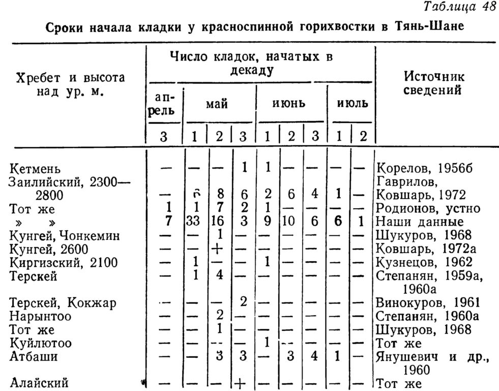 Сроки  начала  кладки  у  красноспинной  горихвостки  в  Тянь-Шане
