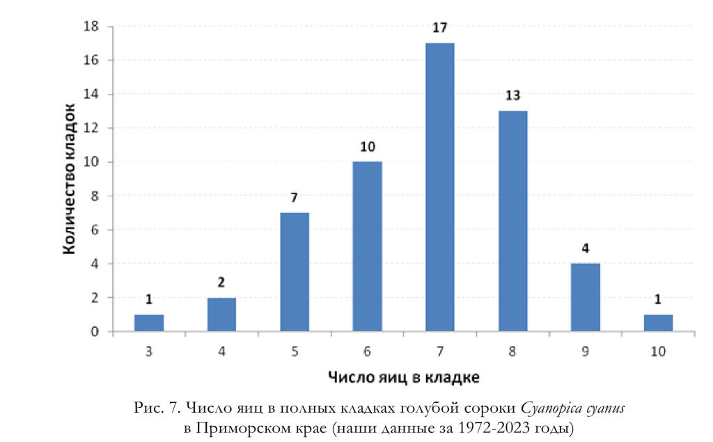 Число яиц в полных кладках голубой сороки Cyanopica cyanus
в Приморском крае