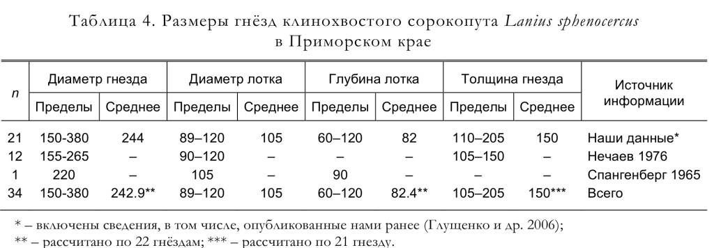 Размеры гнёзд клинохвостого сорокопута Lanius sphenocercus
в Приморском крае