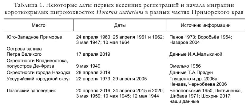 Некоторые даты первых весенних регистраций и начала миграции
короткокрылых широкохвосток Horornis canturians в разных частях Приморского края