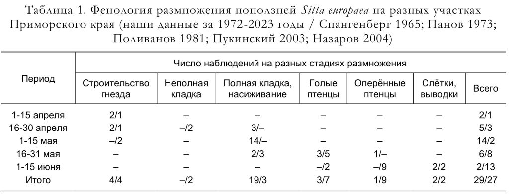 Фенология размножения поползней Sitta europaea на разных участках
Приморского края