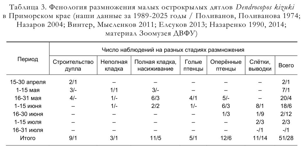 Фенология размножения малых острокрылых дятлов Dendrocopos kizuki
в Приморском крае