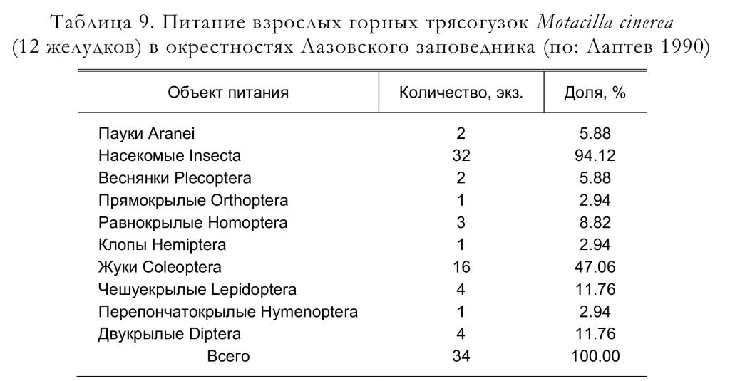 Питание взрослых горных трясогузок Motacilla cinerea