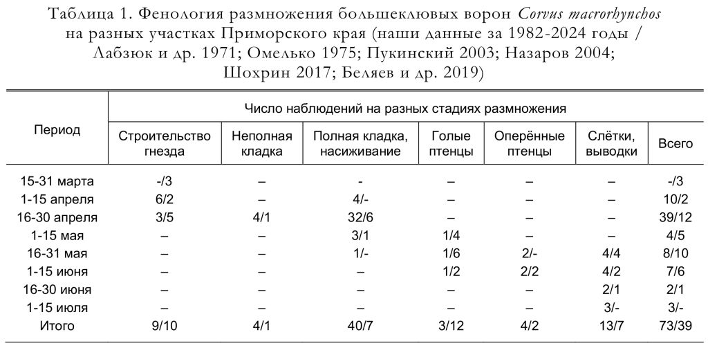 Фенология размножения большеклювых ворон Corvus macrorhynchos
на разных участках Приморского края