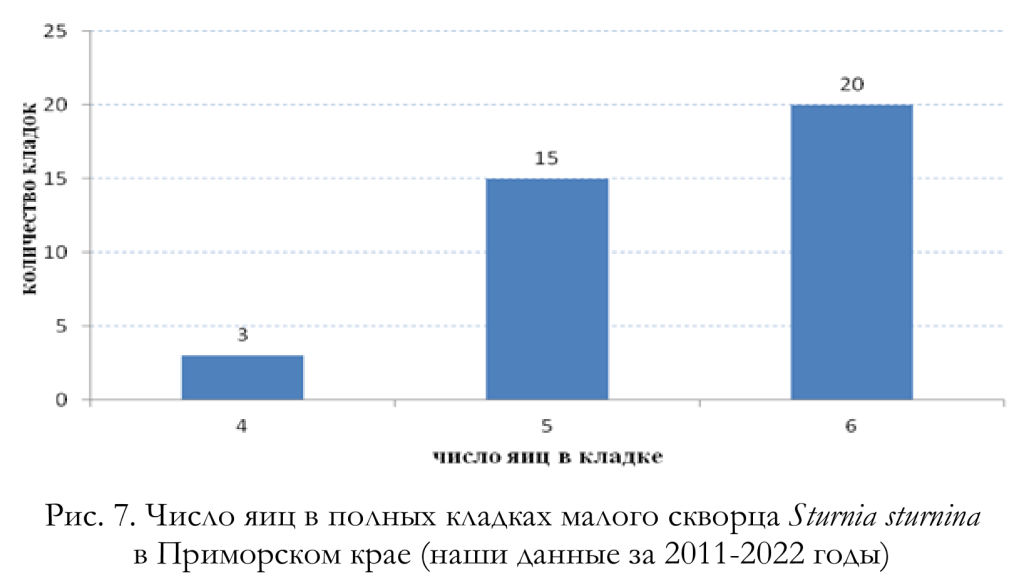 Число яиц в полных кладках малого скворца Sturnia sturnina
в Приморском крае